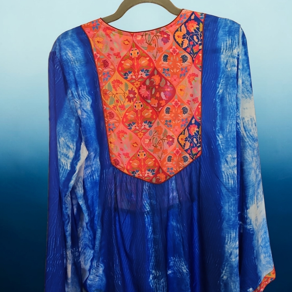 Firefly Women's XL Blue Tie-Dye Floral Embroidered Panel Tunic PTP 22" Length 23 - Picture 4 of 5